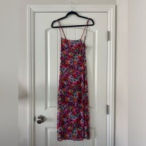 Resa pink and red floral midi mesh dress with side split and adjustable straps